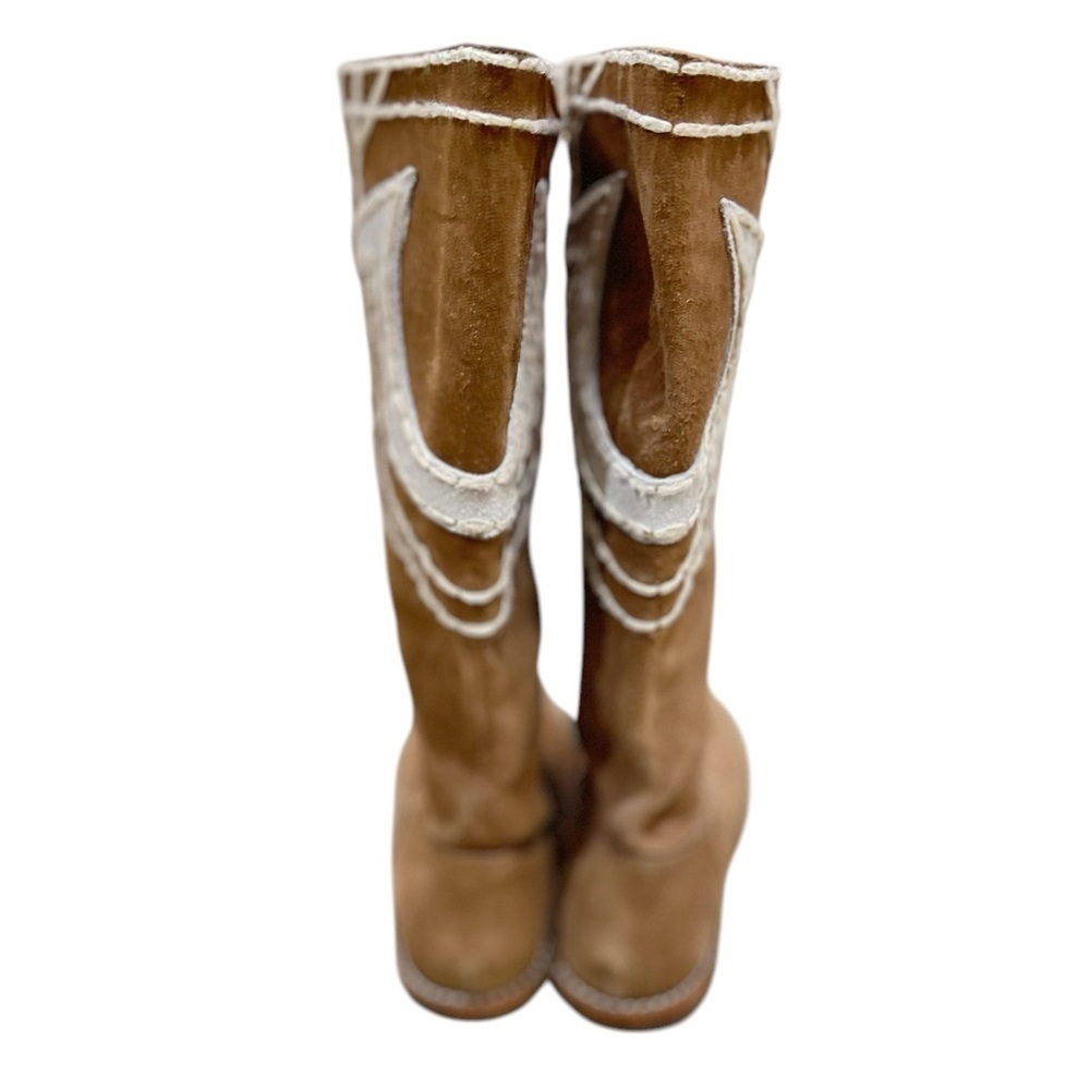 True Religion Tan Suede Knee-High Boots with White Logo - Picture 3 of 10